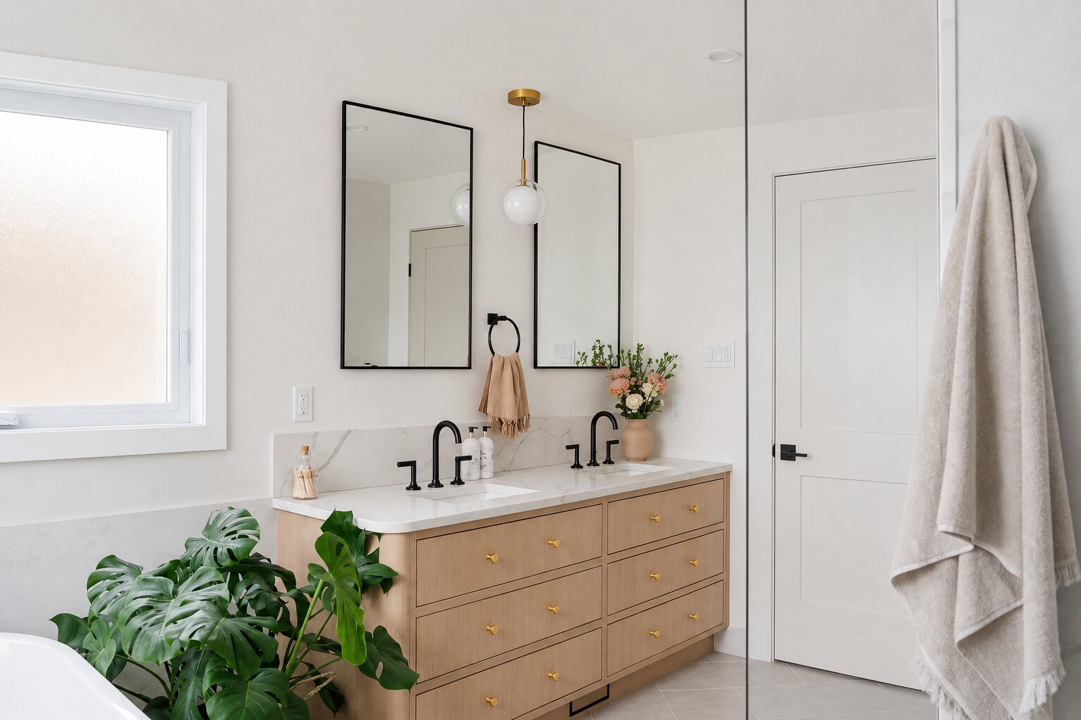 Warm wood vanity in a bright modern bathroom